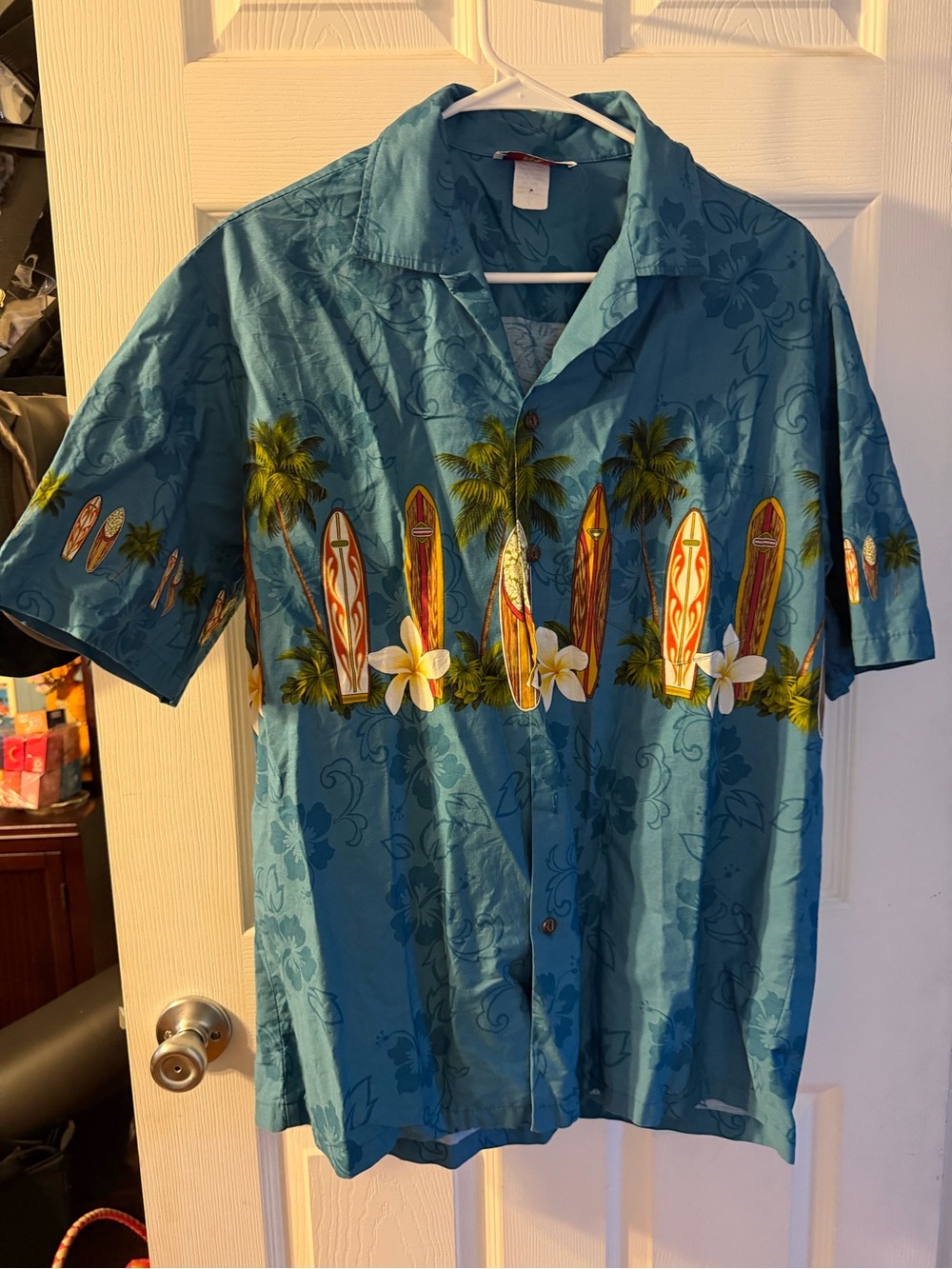 Pacific Legend Men's Teal Hawaiian Surfboard Print Button-Down Shirt Large